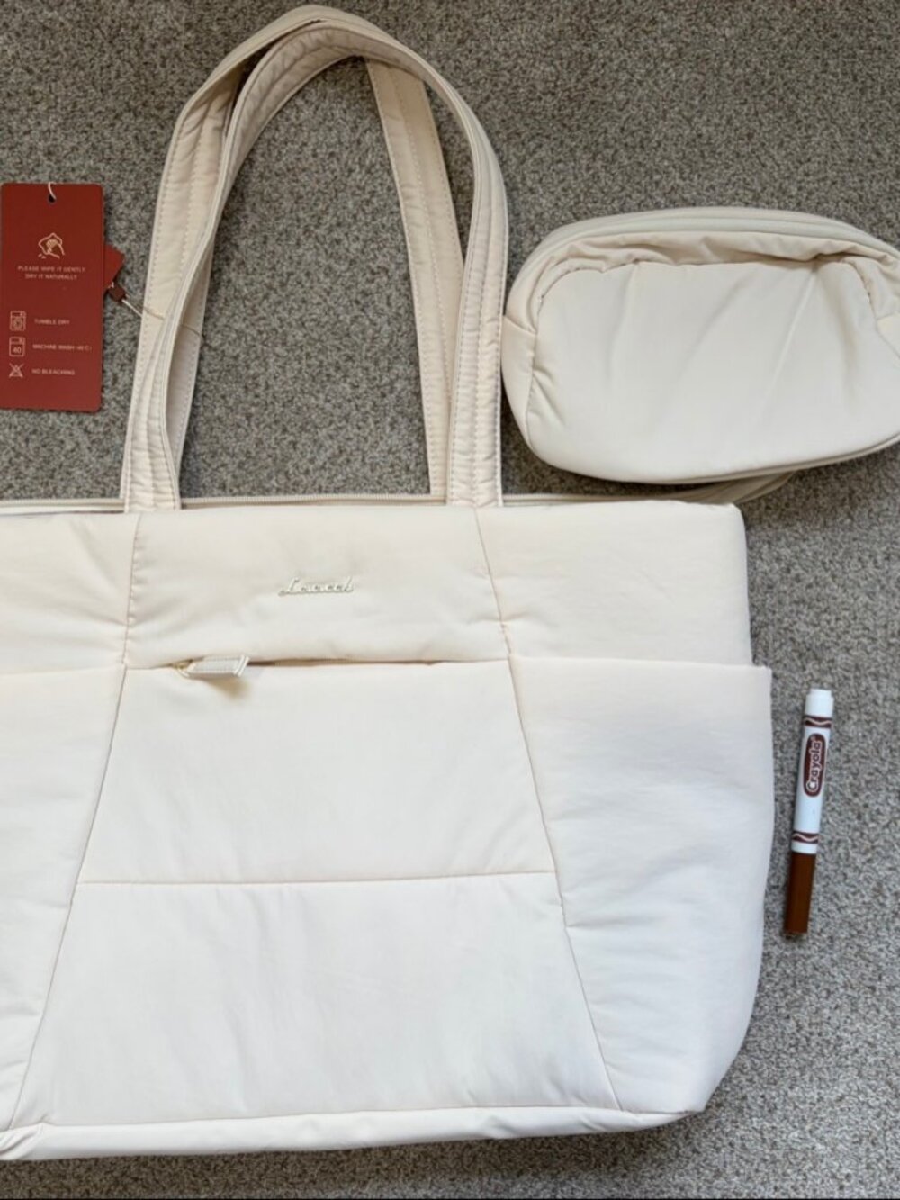 Lovevook cream quilted tote bag with pouch